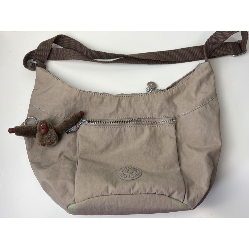 Kipling Nylon Crossbody Bag Taupe Hobo Shoulder Bag with Monkey Keychain